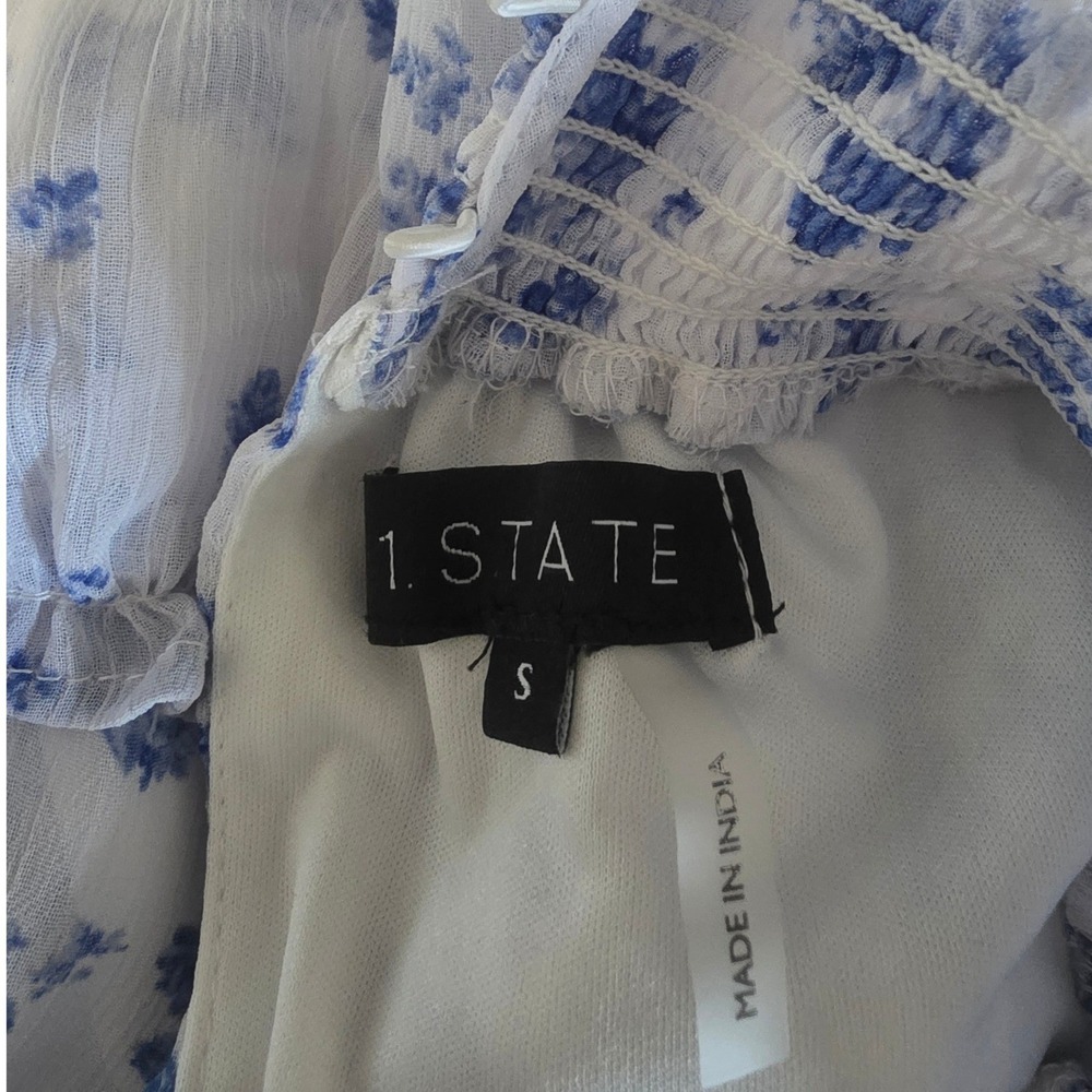 1.STATE Blue White Floral Smocked High Neck Tiered Ruffle Mini Dress Small - Picture 4 of 6